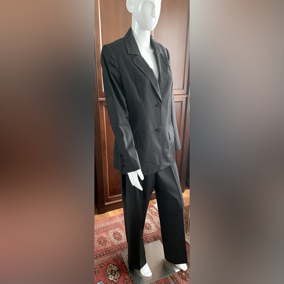 Shiny Black Double Collar Long Blazer & pants suit 100% fine wool W red stripes - Picture 2 of 16